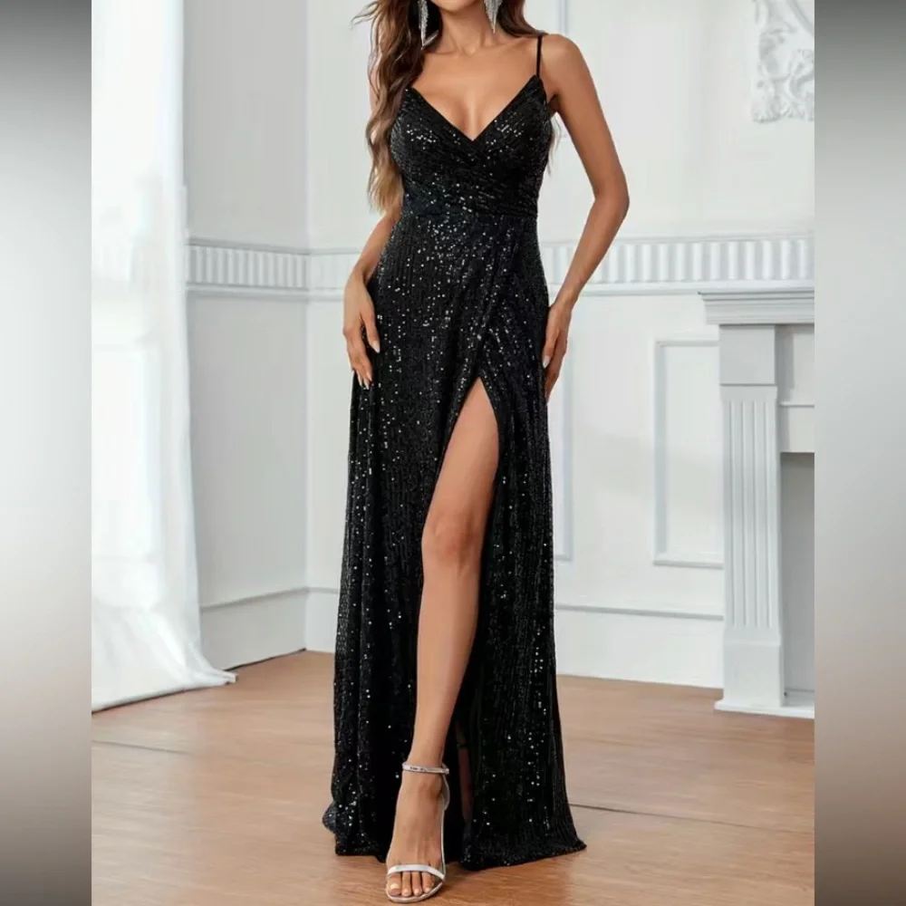 Luxe slit thigh party formal evening sequins dress - Picture 4 of 7